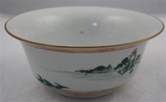 A Chinese famille rose landscape bowl, Qianlong seal mark, 19th century, diam. 19.5cm